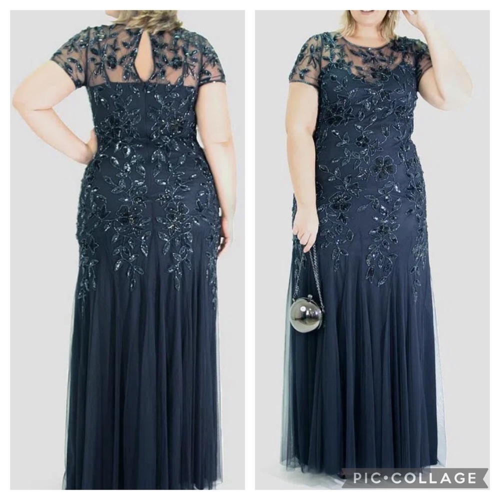 Adrianna papell PLUS SIZyshort sleeves Floral Beaded Godet long Gown - Picture 2 of 16